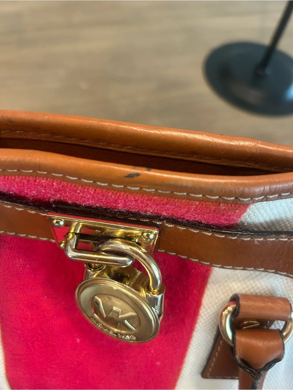Michael Kors Brown Leather & Red Stripe Canvas Satchel